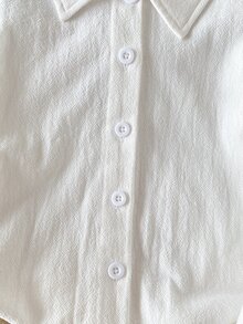 SHEIN 1件少女白色純棉柔軟舒適面料翻領鈕扣長袖襯衫上衣，優雅休閒極簡時尚POLO領泡泡袖法式風上衣，適合春秋日常出遊百搭穿搭 - 白色 - 查看 6