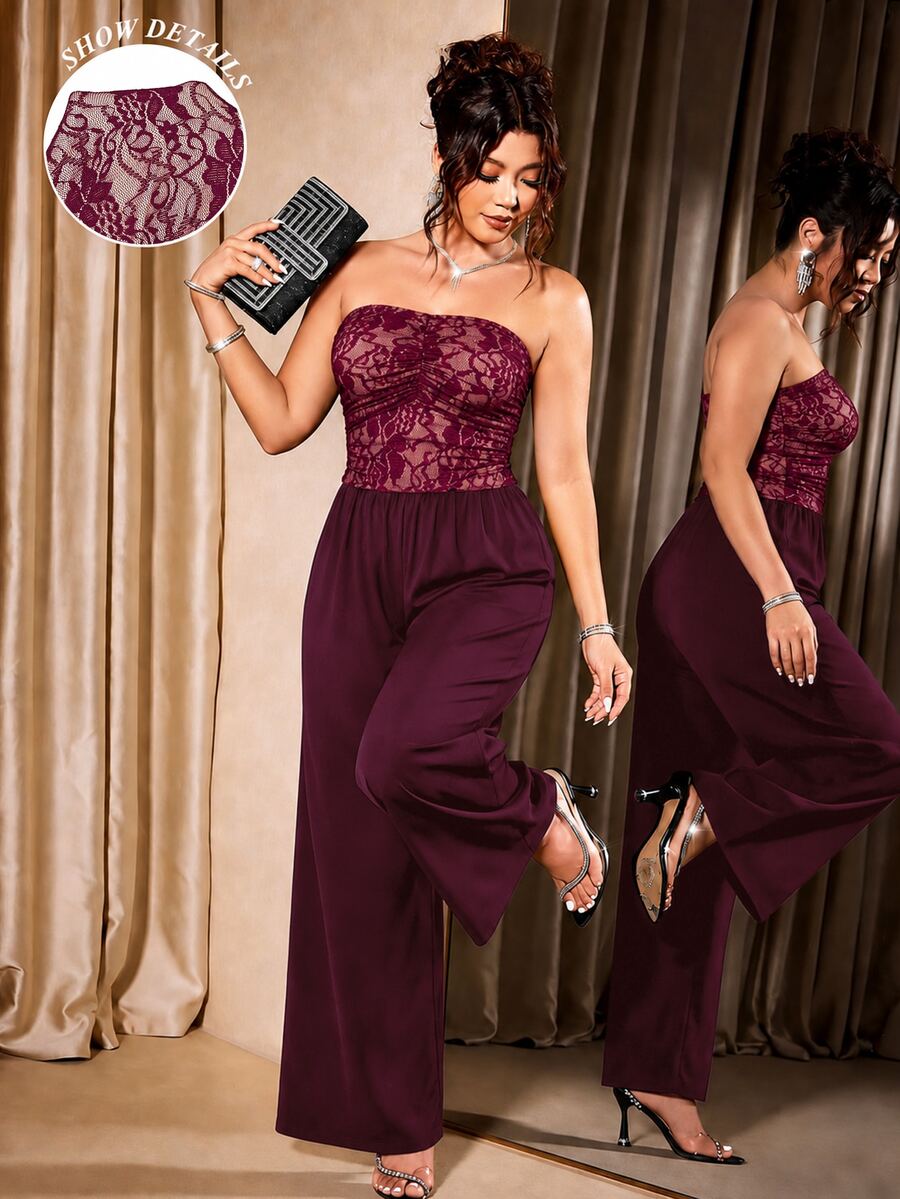 Cravure Plus Size Women Strapless Ruched Wide Leg Knit Jumpsuit - Burgundy - View 1