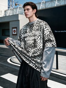Manfinity Dauomo Men's Leopard Print Letter Graphic 2 In 1 Patchwork Casual Everyday T-Shirt - Grey - View 5