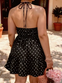 Cévolie Women's Plus Size Spring/Summer Elegant Sexy Woven Halter Neck Tie Cup Lace Black And White A-Line Ruffle Gathered Mini Dress Brunch Vacation - Black - View 2