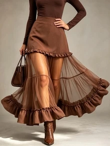 Trelyra Women's Fashion Elegant Mesh Ruffle Hem Skirt - Coffee Brown - View 3
