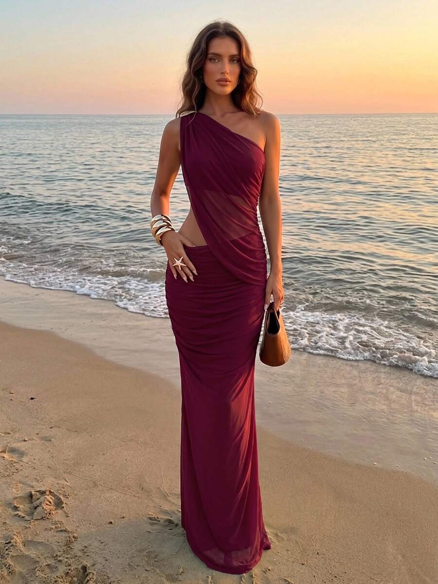 Aloruh Women's Solid Color One-Shoulder Hollow Out Casual Party Dress - Burgundy - View 1