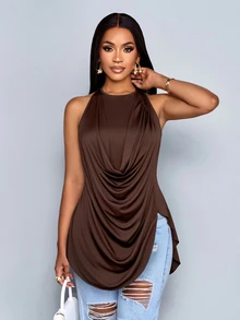 SOLERSUN Women's Summer Halter Cowl Neck Draped Ruched Top Side Slit Asymmetrical Hem Daily Y2K Casual Top - Coffee Brown - View 4