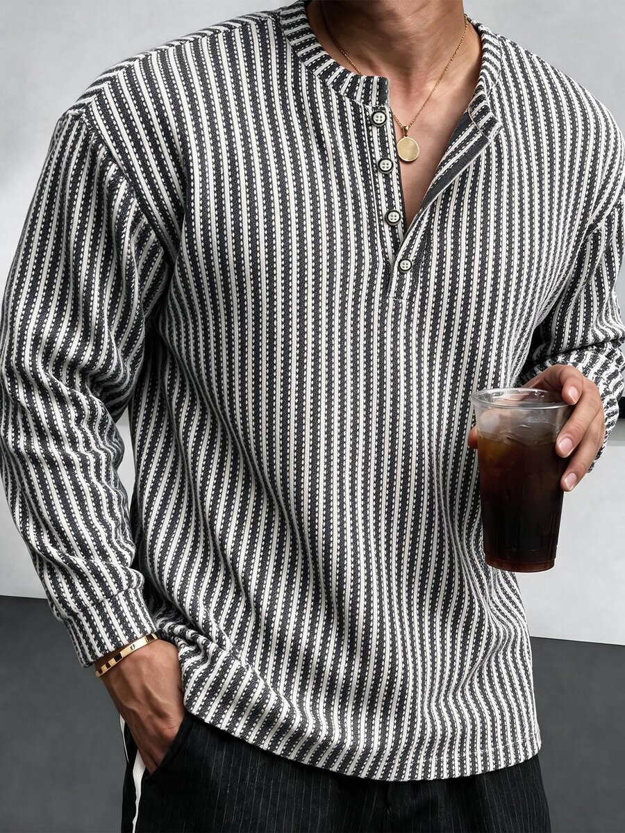 TONEVAULT Men Vertical Stripe Henley Neck Long Sleeve Shirt, Smart Casual Style, Spring Autumn, Daily Office Street Vacation, Loose Fit - Black and White - View 1