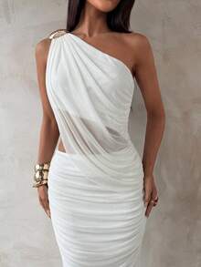 Aloruh Women's Solid Color One Shoulder Hollow Out Casual Party Dress - Apricot - View 4