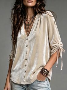 Linhara CURVE Women's Plus Size Champagne Solid Color Velvet V-Neck Button-Down Cardigan, Drawstring Tie 3/4 Sleeve Loose Fit Slimming Top, Casual Outdoor Top For Autumn/Winter - Apricot - View 4