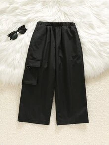 SHEIN 兒童小男孩休閒日常舒適工裝直筒寬鬆長褲，黑色工裝褲，新年，六七歲，適合外出、約會、上學，秋冬穿著 - 黑色 - 查看 4