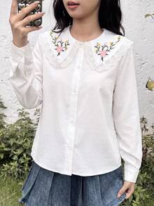 SHEIN Casuvi Kids 秋冬季少女上衣，蕾絲飾邊大領花卉刺繡提花波點長袖襯衫，甜美淑女風上衣 - 彩色 - 查看 3