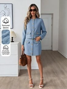 Easowa Setelan Jaket Lengan Panjang Kancing Elegan dan Rok Mini Denim untuk Wanita - Biru - View 4