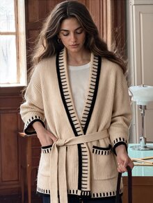 Balvessa Women's Loose Fit Drop Shoulder Long Sleeve Cardigan With Lapel, Single-Breasted Large Buttons, Patch Pocket Decor, Casual Commute - Multicolor - View 1
