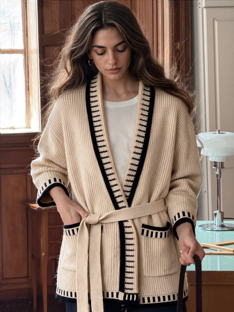 Balvessa Women's Loose Fit Drop Shoulder Long Sleeve Cardigan With Lapel, Single-Breasted Large Buttons, Patch Pocket Decor, Casual Commute - Multicolor - View 1