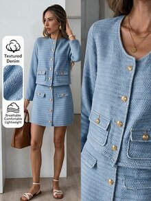 Easowa Setelan Jaket Lengan Panjang Kancing Elegan dan Rok Mini Denim untuk Wanita - Biru - View 6