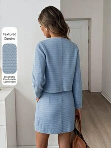 Easowa Setelan Jaket Lengan Panjang Kancing Elegan dan Rok Mini Denim untuk Wanita - Biru - View 2