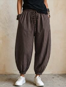 SHEIN Women's French Vintage Brown Vertical Striped Casual Lantern Pants With Drawstring Decor, Elastic Waist, Slimming, Daily Commute Long Pants - Coffee Brown - View 3