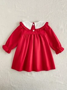 SHEIN 1件女嬰長袖洋裝，甜美紅白色櫻桃刺繡飾邊，荷葉邊袖口，彼得潘領，適合假日派對、秋季婚禮賓客，A字版型 - 紅色 - 查看 2