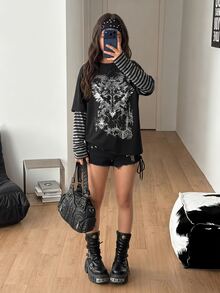 青少年女孩秋季音樂節街頭風基礎哥德龐克條紋拼接 2 合 1 哥德印花圓領寬鬆長袖 T 恤，舒適秋冬風格，萬聖節，時尚，Y2K - 黑色 - 查看 3