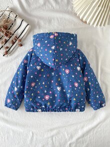 SHEIN 1件女嬰可愛甜美藍粉心形寶石印花毛絨內裡長袖連帽加厚冬季節日外套夾克 - 彩色 - 查看 3