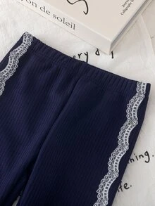 女童蕾絲蝴蝶結圓領長袖衛衣 2 件套，搭配白色長褲，適合春秋季嬰兒 7 歲生日，紫色秋季款 - 藏蓝色 - 查看 6