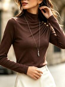 SHEIN Vintage Coffee Brown Semi-High Neck Long Sleeve Fitted Top For Women With Diagonal Pleated Shoulder Metal Buckle Design, Slimming Ruched Pullover Blouse, Minimalist Elegant Niche Design, Inner Layer Or Outer Wear - Brown - View 6