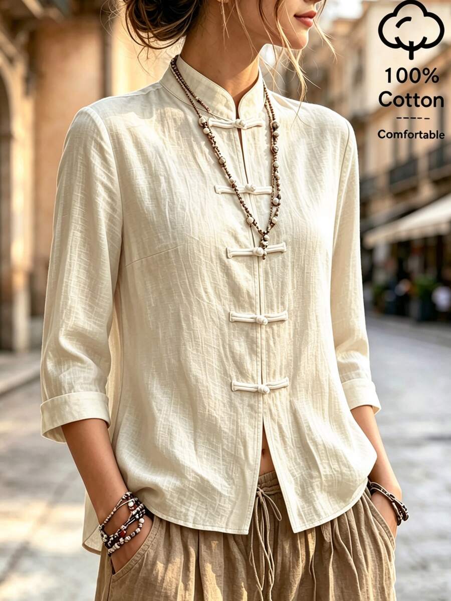 SHEIN Kemeja Luar Gaya Retro Minimalis Retro Kasual Baru dengan Kerah Tegak Kain Bertekstur Putih, Penutup Kancing Depan 5 Kancing Gaya Cina Satu Karakter, Manset Lipat 3/4, Potongan Pendek Longgar - Aprikot - View 1