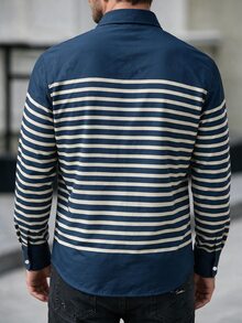 TONEVAULT Men's Navy Blue White Horizontal Striped Long Sleeve Shirt, Turn-Down Collar Loose Fit, Nautical Casual Tropical Style, Spring/Autumn/Summer, Beach - Blue and White - View 2