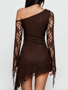 Avenya Minimalist Asymmetrical Hem Asymmetrical Shoulder Jacquard Knit Dress - Coffee Brown - View 2