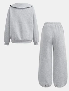 SHEIN 青少年女孩連帽衫與運動衫套裝 秋冬灰色保暖內裡水手領拼接長袖運動衫與慢跑褲，休閒百搭學院風 2 件套 - 淺灰色 - 查看 2
