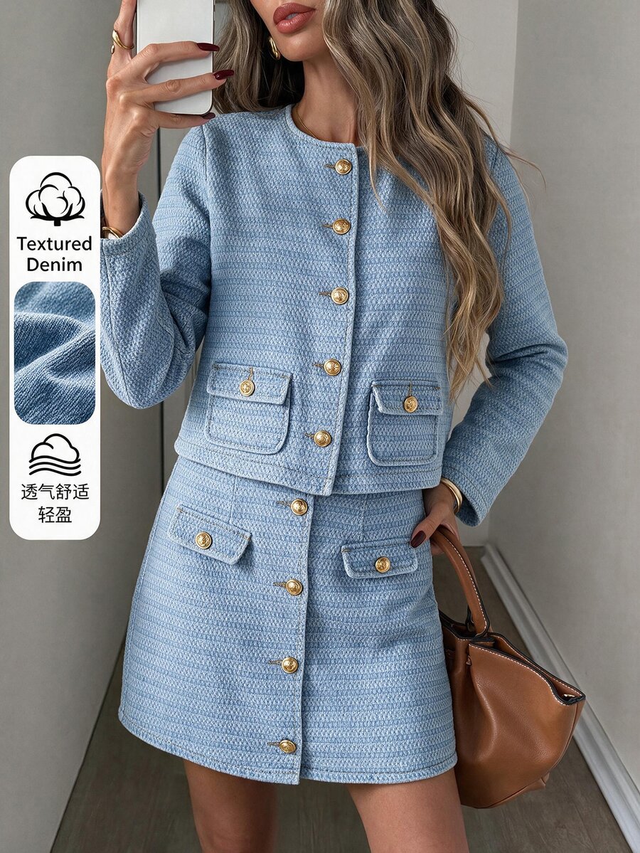 Easowa Setelan Jaket Lengan Panjang Kancing Elegan dan Rok Mini Denim untuk Wanita - Biru - View 1