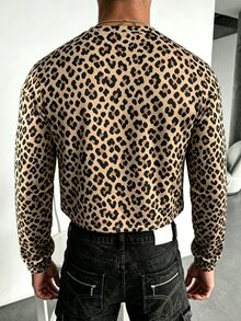 TONEVAULT Men's Leopard Print Digital Pattern Casual Everyday Long Sleeve T-Shirt - Brown - View 2