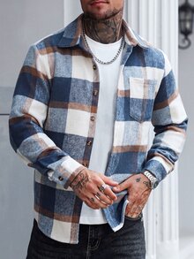 Manfinity Homme 男士街頭風格格紋鈕扣長袖大衣 - 藍色 - 查看 6