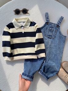 Baby Boy Colorblock Long Sleeve Top And Overall Pants Set - Blue - View 1