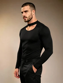 ZURIURI Men's Fashionable High-End Halter Neck T-Shirt - Black - View 2