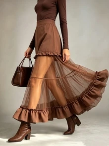 Trelyra Women's Fashion Elegant Mesh Ruffle Hem Skirt - Coffee Brown - View 4