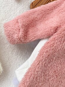 SHEIN 新生女嬰秋冬款粉色珊瑚絨連腳連身衣 0-12個月 3D熊耳連帽連身衣 - 粉色 - 查看 4