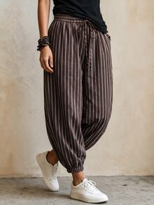 SHEIN Women's French Vintage Brown Vertical Striped Casual Lantern Pants With Drawstring Decor, Elastic Waist, Slimming, Daily Commute Long Pants - Coffee Brown - View 4