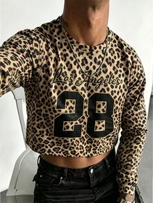 TONEVAULT Men's Leopard Print Digital Pattern Casual Everyday Long Sleeve T-Shirt - Brown - View 1