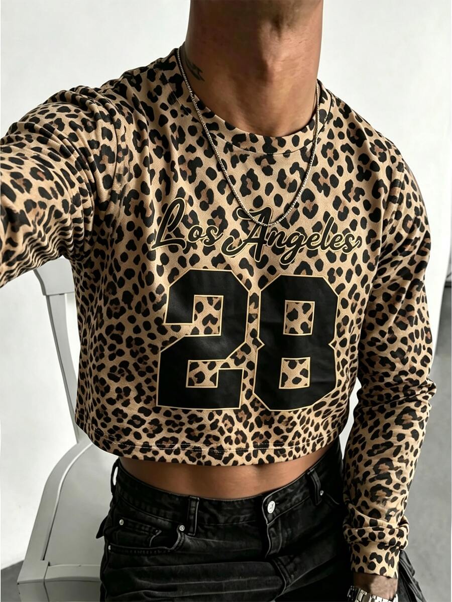 TONEVAULT Men's Leopard Print Digital Pattern Casual Everyday Long Sleeve T-Shirt - Brown - View 1