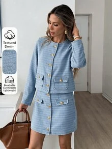 Easowa Setelan Jaket Lengan Panjang Kancing Elegan dan Rok Mini Denim untuk Wanita - Biru - View 5