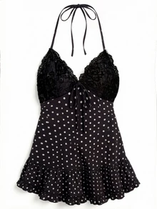 Cévolie Women's Plus Size Spring/Summer Elegant Sexy Woven Halter Neck Tie Cup Lace Black And White A-Line Ruffle Gathered Mini Dress Brunch Vacation - Black - View 4