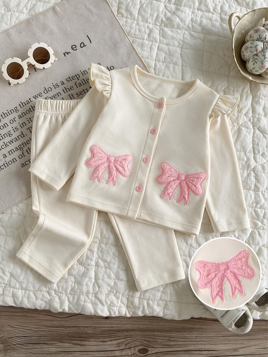Baby Girls Fall Tops Light Pink Pastel Plush Bow Knot Long Sleeve Pullover Cardigan Pants Set Thick Fleece Autumn Winter Clothes Family Matching Cute - Apricot - View 1