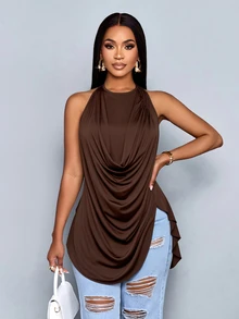 SOLERSUN Women's Summer Halter Cowl Neck Draped Ruched Top Side Slit Asymmetrical Hem Daily Y2K Casual Top - Coffee Brown - View 1