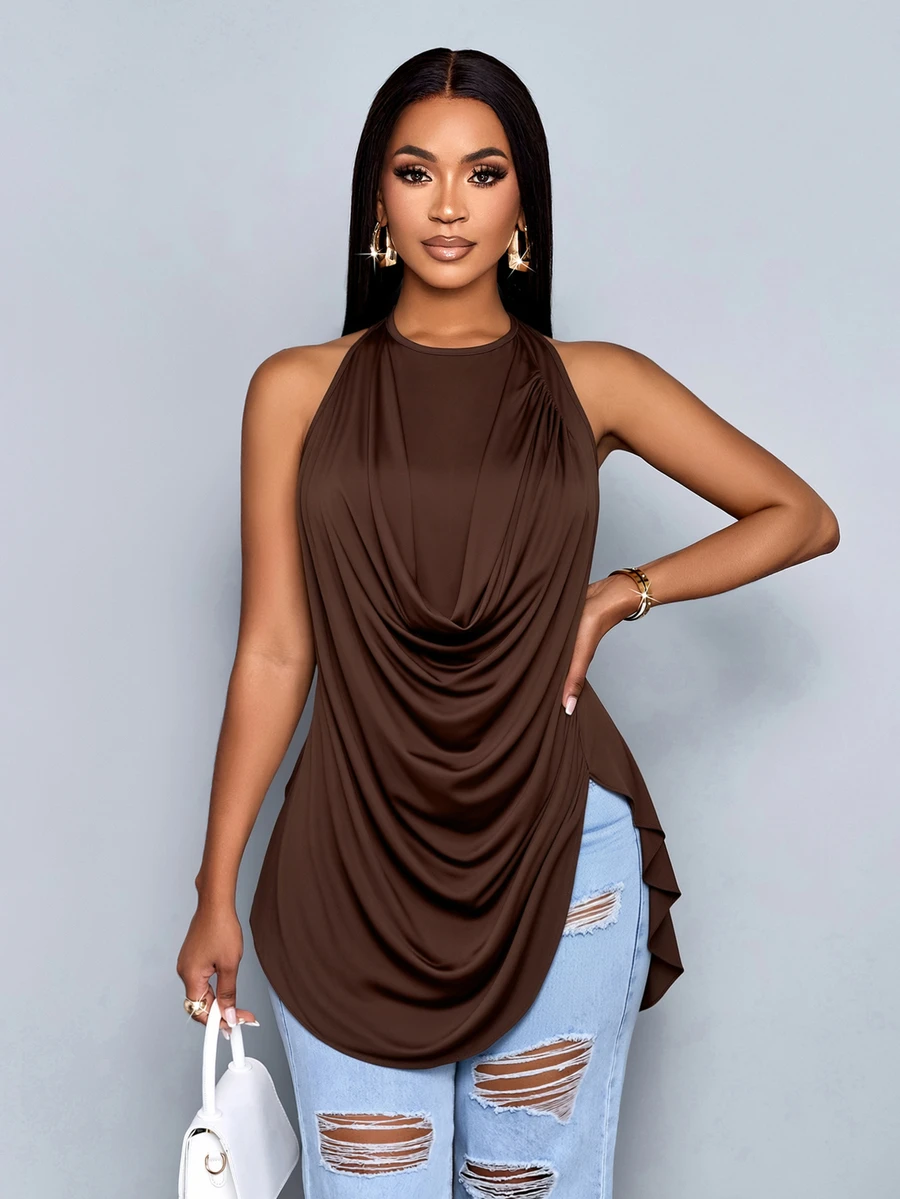 SOLERSUN Women's Summer Halter Cowl Neck Draped Ruched Top Side Slit Asymmetrical Hem Daily Y2K Casual Top - Coffee Brown - View 1