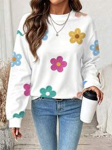 Comfylo Autumn New Plus Size Women's Loose Round Neck Sweatshirt - Colorful Floral Pattern, Long Sleeve, Casual Style Winter - Multicolor - View 1
