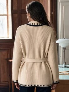 Balvessa Women's Loose Fit Drop Shoulder Long Sleeve Cardigan With Lapel, Single-Breasted Large Buttons, Patch Pocket Decor, Casual Commute - Multicolor - View 2