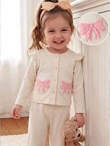 Baby Girls Fall Tops Light Pink Pastel Plush Bow Knot Long Sleeve Pullover Cardigan Pants Set Thick Fleece Autumn Winter Clothes Family Matching Cute - Apricot - View 3