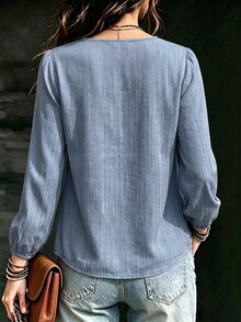 SHEIN Women's Elegant V-Neck Ruffle Long Sleeve Loose Casual Blouse For Commuting And Daily Wear - Blue - View 2