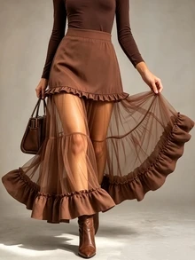 Trelyra Women's Fashion Elegant Mesh Ruffle Hem Skirt - Coffee Brown - View 5