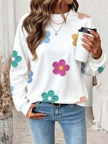 Comfylo Autumn New Plus Size Women's Loose Round Neck Sweatshirt - Colorful Floral Pattern, Long Sleeve, Casual Style Winter - Multicolor - View 3
