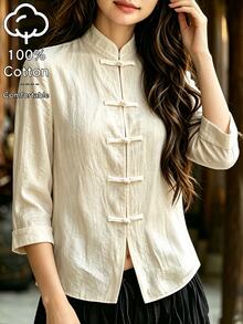 SHEIN Kemeja Luar Gaya Retro Minimalis Retro Kasual Baru dengan Kerah Tegak Kain Bertekstur Putih, Penutup Kancing Depan 5 Kancing Gaya Cina Satu Karakter, Manset Lipat 3/4, Potongan Pendek Longgar - Aprikot - View 5