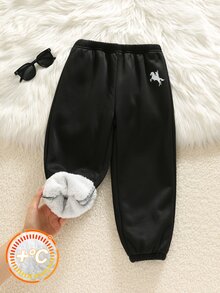 SHEIN 兒童 1件男童休閒保暖內裡運動長褲，適合學校、戶外、派對冬季穿著 - 黑色 - 查看 5